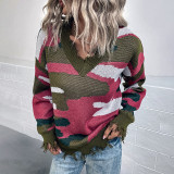 Women Fall/Winter V-Neck Ripped Contrast Camo Sweater