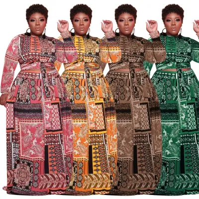 Plus Size Women Vintage Print Long Sleeve Top+ Loose Dress Two Piece Set
