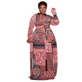 Plus Size Women Vintage Print Long Sleeve Top+ Loose Dress Two Piece Set