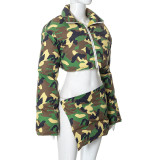 Women Winter Camo Zip Stand Collar Long Sleeve Jacket + Skirt Two Piece
