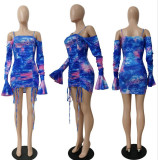 Women Summer Sexy Sling Print Bell Bottom Sleeve Drawstring Bodycon Skirt