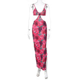 Women Autumn Print V-Neck Cutout Side Slit Strap Dress