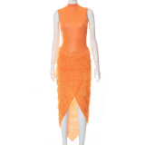 Women Autumn Solid Color Sleeveless Bodysuit + Slit Skirt Two-piece Set