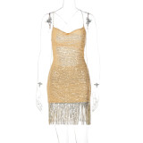 Women Solid Color Strap Sexy Backless Patchwork Fringe Sequin Dress