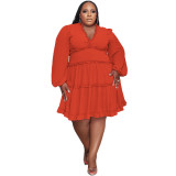 Plus Size Women V-Neck Sexy Long Sleeve Dress