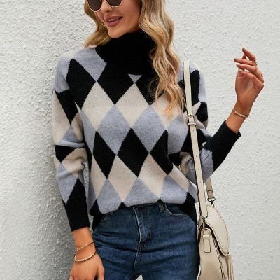 Women Fall/Winter Color Contrast Turndown Collar Sweater