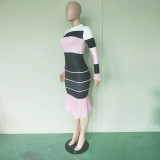 Women Fall Casual Striped Chiffon Patchwork Long Sleeve Top + Pants Two Piece Set