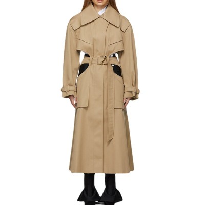 Women Fall Turndown Collar Tie Cutout Long Trench Coat