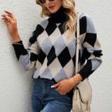 Women Fall/Winter Color Contrast Turndown Collar Sweater