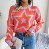Women Autumn and Winter Contrast Color Star Long Sleeve Sweater