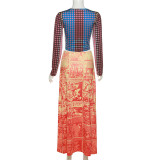 Women Autumn Print Round Neck Slim Fit Long Sleeve T-Shirt + High Waist Skirt Two Piece