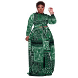 Plus Size Women Vintage Print Long Sleeve Top+ Loose Dress Two Piece Set