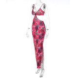 Women Autumn Print V-Neck Cutout Side Slit Strap Dress