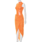 Women Autumn Solid Color Sleeveless Bodysuit + Slit Skirt Two-piece Set