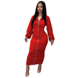 Women Autumn/Winter Solid Color Zipper Pleated Sleeve Long Dress