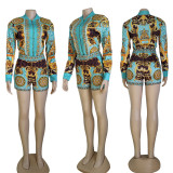 Women Casual Vintage Printed Long Sleeve Top + Shorts Two Piece Set