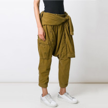 Women Casual Fall Sleeve Lace-Up corduroy Pocket Cropped Pants