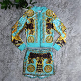 Women Casual Vintage Printed Long Sleeve Top + Shorts Two Piece Set
