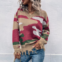 Women Fall/Winter V-Neck Ripped Contrast Camo Sweater