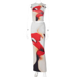 Women Print Style Vest+ Slim Dress Two-Piece Set