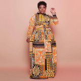 Plus Size Women Vintage Print Long Sleeve Top+ Loose Dress Two Piece Set