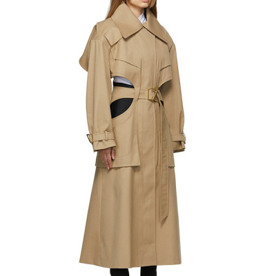 Women Fall Turndown Collar Tie Cutout Long Trench Coat