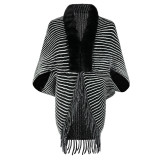 Autumn And Winter Fur Collar Striped Cloak Fringed Shawl Women'S Sweater Cardigan