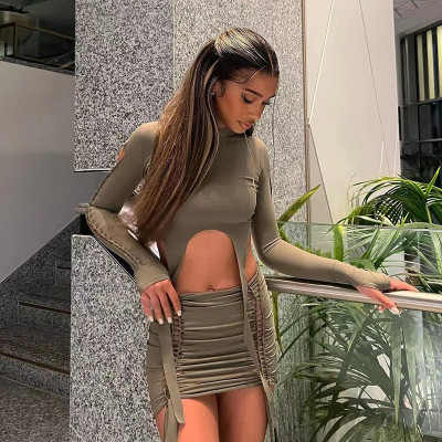 Fall Winter Crop Long Sleeve Round Neck Top Cutout Casual Mini Skirt Two Piece Set