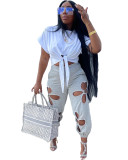 Women'S Style Street Hipster White T-Shirt Loose Hollow Out Leggings Pants Two Piece Set
