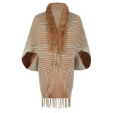 Autumn And Winter Fur Collar Striped Cloak Fringed Shawl Women'S Sweater Cardigan