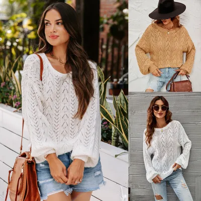 Pre-Fall Cutout Knitting Shirt Round Neck Basic Shirt Women'S Pullover Plus Size Sweater
