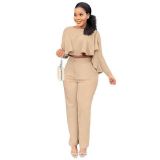 Women'S Autumn And Winter Solid Color Hollow Long-Sleeved High-Waisted Wide-Leg Pants Two-Piece Set