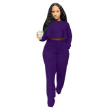 Women'S Autumn And Winter Solid Color Hollow Long-Sleeved High-Waisted Wide-Leg Pants Two-Piece Set