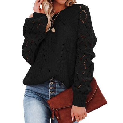 Women'S Solid Color Lantern Sleeve Knitting Shirt Autumn And Winter Hollow Sweater