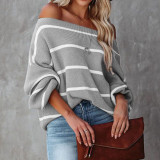 Women'S Autumn And Winter Off Shoulder Striped Knitting Shirt Sexy Lantern Sleeve Sweater