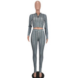 Women'S Fashion Geometric Print Zipper Long Sleeve Two-Piecetrousers Set Women'S Clothing