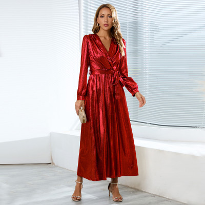 Sexy Shiny Solid Color Wrap V-Neck Belted Slim Long Dress