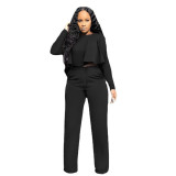 Women'S Autumn And Winter Solid Color Hollow Long-Sleeved High-Waisted Wide-Leg Pants Two-Piece Set