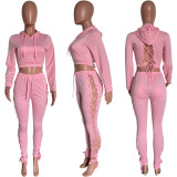 Women'S Fashion Lace-Up Solid Color Sexy Crop Hoodies Pants Set Sexy Two Piece Set
