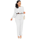 Women'S Autumn And Winter Solid Color Hollow Long-Sleeved High-Waisted Wide-Leg Pants Two-Piece Set