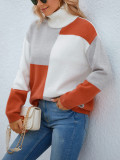 Contrast Color Patchwork Knitting Shirt Autumn Winter Turndown Collar Pullover Women