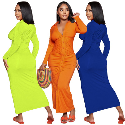 Womens Solid Color Turndown Collar V-Neck Long Sleeve Maxi Dresses