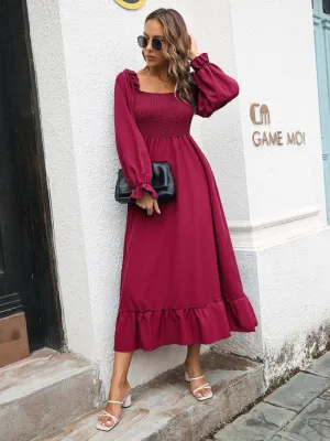 Women'S Fall/Winter Casual Ruffle Square Neck Swing Dress Maxi Dress