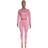 Women'S Fashion Lace-Up Solid Color Sexy Crop Hoodies Pants Set Sexy Two Piece Set
