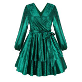 Women'S Shiny Solid Color V-Neck Long Sleeve Nightclub Layer Party Dress