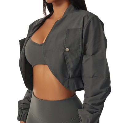 Long Sleeve Quick Dry Sports Jacket Women Sun Protection Outer Fitness Wear Stand Collar Casual Jacket Tight Fitting Yoga Top