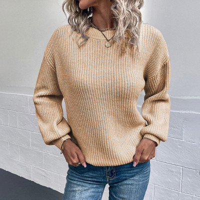 Women'S Solid Color Knitting Shirt Autumn Winter Round Neck Pullover Lantern Sleeve Sweater