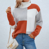 Contrast Color Patchwork Knitting Shirt Autumn Winter Turndown Collar Pullover Women