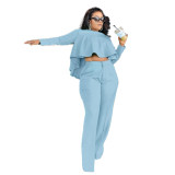 Women'S Autumn And Winter Solid Color Hollow Long-Sleeved High-Waisted Wide-Leg Pants Two-Piece Set