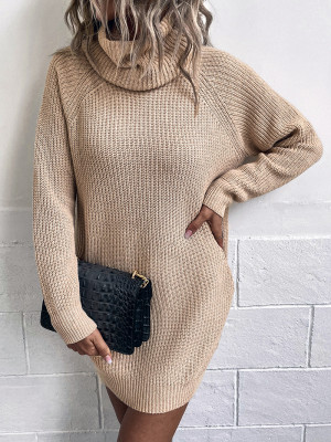 Women Solid Color Turtleneck Knitting Dress Autumn Winter Pocket Turndown Collar Sweater Dress